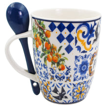 Load image into Gallery viewer, Portuguese Azulejo Ceramic Mug with Spoon – Blue Tile, Swallow & Floral Motifs