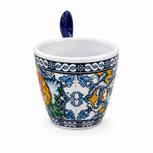 Load image into Gallery viewer, Portuguese Azulejo Espresso Cup with Spoon – Ceramic Coffee Cup, Blue Tile Design, 4 oz