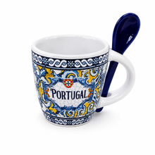 Load image into Gallery viewer, Portuguese Azulejo Espresso Cup with Spoon – Ceramic Coffee Cup, Blue Tile Design, 4 oz