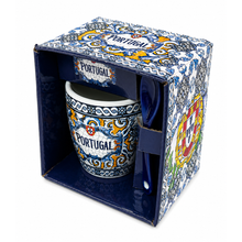 Load image into Gallery viewer, Portuguese Azulejo Espresso Cup with Spoon – Ceramic Coffee Cup, Blue Tile Design, 4 oz