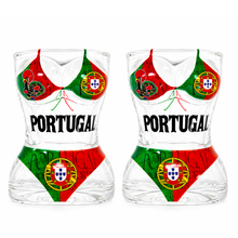 Load image into Gallery viewer, Portugal Bikini Shot Glass Set of 2 – Curvy Glass Design with Flag & Rooster