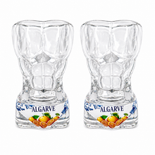 Load image into Gallery viewer, Portugal Algarve Speedo Shot Glass Set of 2 – Curved Glass Design with Citrus Motif & Traditional Blue Tile Pattern