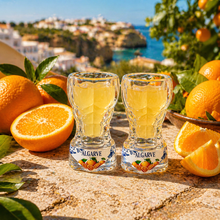 Load image into Gallery viewer, Portugal Algarve Speedo Shot Glass Set of 2 – Curved Glass Design with Citrus Motif & Traditional Blue Tile Pattern