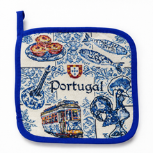Load image into Gallery viewer, Portuguese Rooster, Tram & Sardine Oven Mitt & Pot Holder Set - Azulejo Tile Kitchen Design