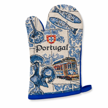 Load image into Gallery viewer, Portuguese Rooster, Tram & Sardine Oven Mitt & Pot Holder Set - Azulejo Tile Kitchen Design