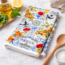 Load image into Gallery viewer, Portuguese Azulejo Microfiber Kitchen Towel with Oranges, Flowers & Swallows
