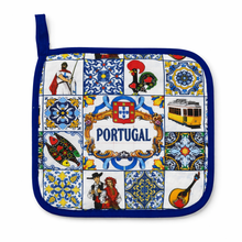 Load image into Gallery viewer, Portugal Oven Mitt & Pot Holder Set - Azulejo Tile & Barcelos Rooster Kitchen Set with Portuguese Icons Design
