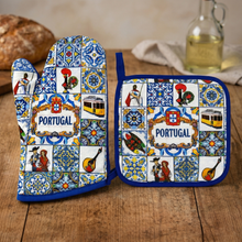 Load image into Gallery viewer, Portugal Oven Mitt & Pot Holder Set - Azulejo Tile & Barcelos Rooster Kitchen Set with Portuguese Icons Design