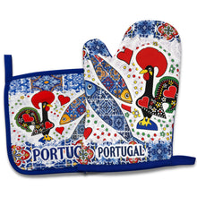 Load image into Gallery viewer, Portuguese Barcelos Rooster & Sarinde Oven Mitt & Pot Holder Set - Azulejo Tile Kitchen Design