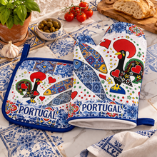 Load image into Gallery viewer, Portuguese Barcelos Rooster & Sarinde Oven Mitt & Pot Holder Set - Azulejo Tile Kitchen Design