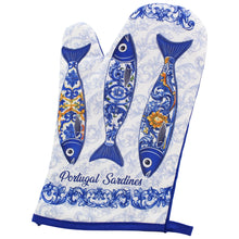 Load image into Gallery viewer, Portugal Sardines Oven Mitt and Pot Holder Set – Blue Azulejo Fish Design