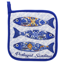 Load image into Gallery viewer, Portugal Sardines Oven Mitt and Pot Holder Set – Blue Azulejo Fish Design