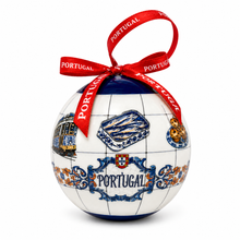 Load image into Gallery viewer, Portugal Christmas Ball Ornament with Rooster, Sardines & Pastel de Nata Design