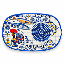 Load image into Gallery viewer, Ceramic Garlic Grater & Herb Stripper Dish – Portugal Rooster & Sardine Design, 6.75"