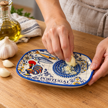 Load image into Gallery viewer, Ceramic Garlic Grater & Herb Stripper Dish – Portugal Rooster & Sardine Design, 6.75"