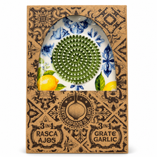 Load image into Gallery viewer, Ceramic Garlic Grater & Herb Stripper Dish – Lemon & Blue Tile Design, 6.75"