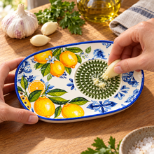 Load image into Gallery viewer, Ceramic Garlic Grater & Herb Stripper Dish – Lemon & Blue Tile Design, 6.75"