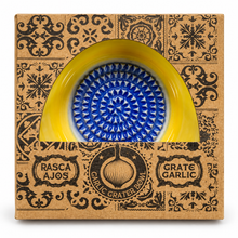 Load image into Gallery viewer, Ceramic Garlic Grater & Herb Stripper Bowl – Lemon & Blue Tile Design