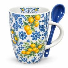 Load image into Gallery viewer, Portugal Lemon & Blue Azulejo Ceramic Mug with Spoon, 12 oz Gift Set