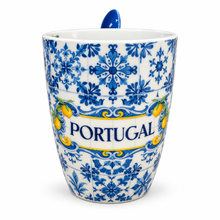 Load image into Gallery viewer, Portugal Lemon & Blue Azulejo Ceramic Mug with Spoon, 12 oz Gift Set