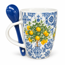 Load image into Gallery viewer, Portugal Lemon & Blue Azulejo Ceramic Mug with Spoon, 12 oz Gift Set