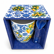 Load image into Gallery viewer, Portugal Lemon & Blue Azulejo Ceramic Mug with Spoon, 12 oz Gift Set
