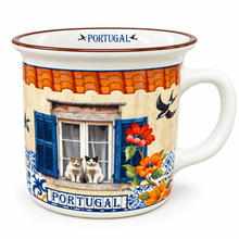 Load image into Gallery viewer, Portugal Window Cats & Swallows Small Ceramic Mugs – Set of 2, 8 oz Each