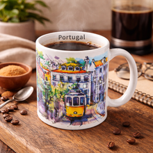 Load image into Gallery viewer, Portugal Watercolor Tram Ceramic Mug – 12 oz Coffee & Tea Cup