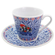 Load image into Gallery viewer, Portuguese Rooster Espresso Cup & Saucer Set – Blue Tile Pattern, Set of 2 with Gift Box