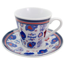 Load image into Gallery viewer, Portuguese Viana Heart Espresso Cup & Saucer Set – Blue & Red Folk Art Design, Set of 2 with Gift Box