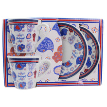 Load image into Gallery viewer, Portuguese Viana Heart Espresso Cup & Saucer Set – Blue & Red Folk Art Design, Set of 2 with Gift Box