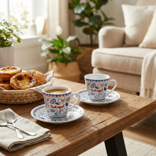 Load image into Gallery viewer, Portuguese Folk Art Espresso Cup & Saucer Set – Heart & Floral Motif, Set of 2 with Gift Box