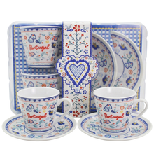 Load image into Gallery viewer, Portuguese Folk Art Espresso Cup & Saucer Set – Heart & Floral Motif, Set of 2 with Gift Box