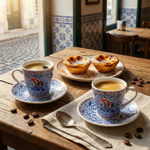 Load image into Gallery viewer, Portuguese Rooster Espresso Cup & Saucer Set – Blue Tile Pattern, Set of 2 with Gift Box