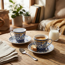 Load image into Gallery viewer, Portuguese Azulejo Espresso Cup & Saucer Set - Mixed Tile Design, Set of 2 with Gift Box