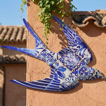 Load image into Gallery viewer, Portuguese Azulejo Metal Swallow Wall Decor – Blue Tile Design Hanging Accent, 14.5" Wide
