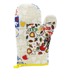 100% Cotton Portuguese Azulejo Good Luck Rooster Hearts Yellow Oven Mitt Set
