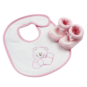Portuguese Pink Baby Velcro Closure Bib and Booties with Bow Set