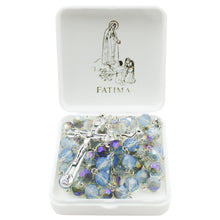 Load image into Gallery viewer, Our Lady of Fatima Rosary – 8mm Iridescent Blue Faceted Crystal Beads with Silver Tone Crucifix and Fatima Medallion