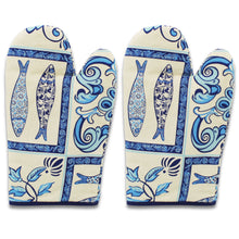 Load image into Gallery viewer, Blue Sardine and Floral Azulejo Pattern Cotton Oven Mitts, Set of 2