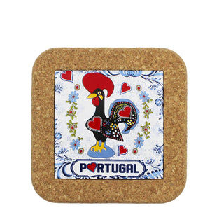 Small Traditional Portuguese Rooster Galo Barcelos Blue Tile Cork Trivet