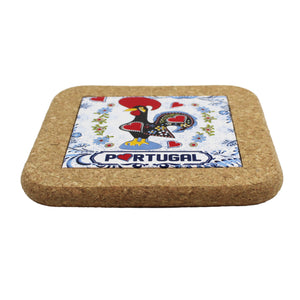 Small Traditional Portuguese Rooster Galo Barcelos Blue Tile Cork Trivet