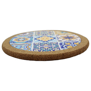 Traditional Portuguese Ceramic Round Tile Multicolor Cork Trivet
