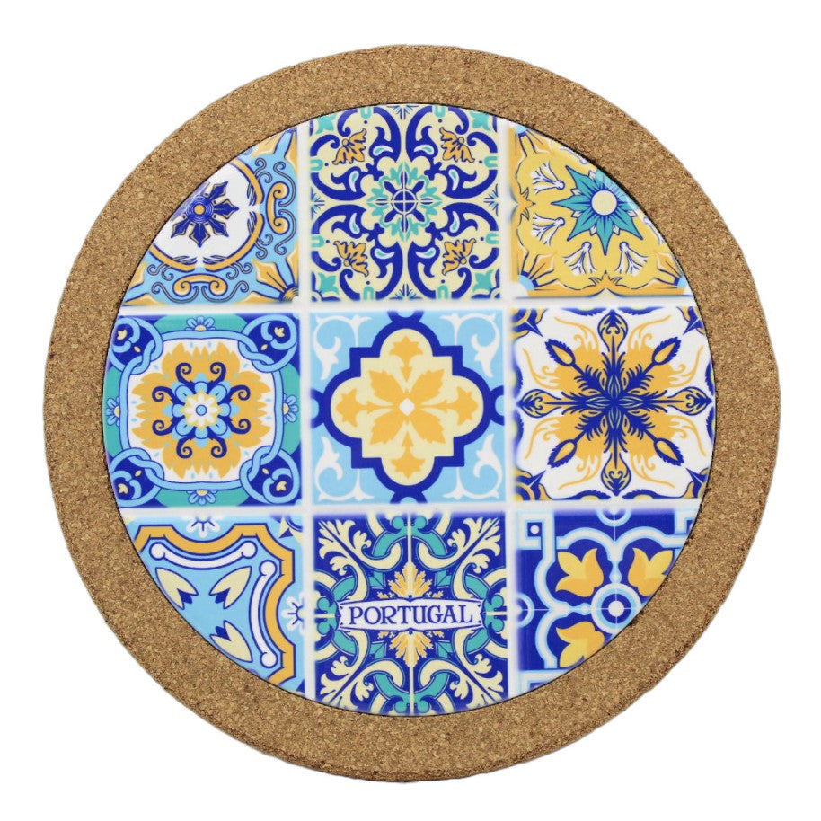 Traditional Portuguese Ceramic Round Tile Multicolor Cork Trivet