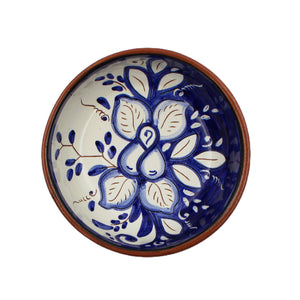 Hand-Painted Portuguese Pottery Clay Terracotta Blue Floral Small Low Bowl Set