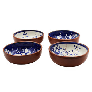 Hand-Painted Portuguese Pottery Clay Terracotta Blue Floral Small Low Bowl Set