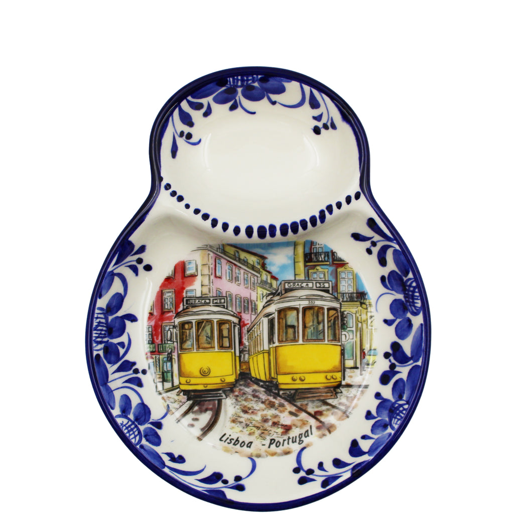 Traditional Lisbon Tram Blue Floral Olive Dish with Pit Holder