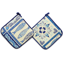 Load image into Gallery viewer, Blue Sardine and Floral Azulejo Pattern Cotton Pot Holders, Set of 2
