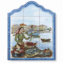 Load image into Gallery viewer, Portuguese Ceramic Tile Wall Panel – Coastal Harbor Fish Market Scene with Blue Azulejo Border (17.5" W x 23.5" H)