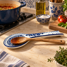 Load image into Gallery viewer, Hand-Painted Portuguese Ceramic Azulejo Spoon Rest – Pinha Azul Design, 10"